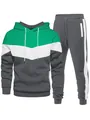 Men's three-color patchwork hoodie and sweatpants tracksuit set for autumn and winter - 绿白灰