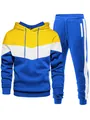 Detailed shot of men's three-color hooded sweatshirt and jogger pants set for exercise. - Yellow White Blue