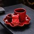 Decorative red ceramic frog incense burner with lotus leaf tray and holy wood holder set - Red
