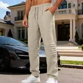 Pantalon décontracté en lin respirant pour homme beige avec détails plissés aux genoux - S / Bas / Kaki