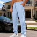 Pantalon de loisirs en lin bleu clair pour homme avec détails de plis élégants aux genoux - S / Bas / Bleu clair