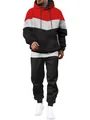 Men's premium 3-color block tracksuit featuring red grey and black hoodie set - S / Top And Bottom / Red Gray Black