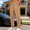 Pantalon décontracté en lin kaki pour hommes avec plis élégants aux genoux et cordon - Jaune Terre