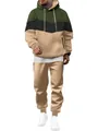 Men's 3-color patchwork hoodie and matching jogger pants tracksuit set in tan - S / Top And Bottom / Green Khaki