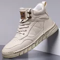 Men's premium beige leather high-top Martin boots featuring a warm fleece lining interior - 38 / Fleece Lined Style / Off White