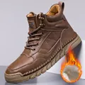 Durable brown genuine leather men's Martin boots with warm fleece lining and non-slip outdoor sole - 38 / Fleece Lined Style / Brown