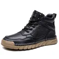 Durable men's black genuine leather high-top Martin boots with a rugged tan sole - 38 / Plain Style / Black