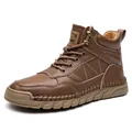 Men's brown genuine leather high-top Martin boots with warm lining and non-slip sole - 38 / Plain Style / Brown