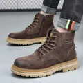Men's premium brown leather Martin boots with side zipper in British industrial style - 38 / Coffee (Single Lining)