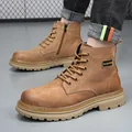 Classic brown leather Martin boots with side zipper and lace-up design for men. - 38 / Brown (Single Lined)