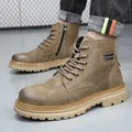 Classic men's brown leather Martin boots featuring side zipper and thick lug sole - 38 / Khaki (Unlined)