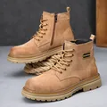 Durable men's sand-colored leather Martin boots featuring a side zipper and lug sole - 38 / Single Lining Style (7676) / Brown