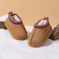 Warme braune Wildleder-Schneestiefel für Kinder mit Kunstpelzfutter und Ethno-Stickerei - EU 19 Innenlänge 12.5cm / Khaki Fleece Gefüttert