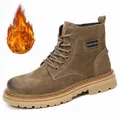 Men's premium brown leather Martin boots with side zipper and warm fleece lining option - 38 / Khaki (Fleece Lined)