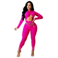 Complete detail of sexy hot pink cross-over cut-out long sleeve jumpsuit for women - Rose Red
