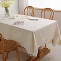 Minimalist beige cotton linen tablecloth featuring elegant white tassel fringe edges - 90*90cm / Beige