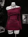 Detail of gothic long sleeve off-shoulder top with pink and black horizontal stripes - S / Burgundy