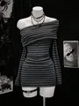 Detailed view of long sleeve striped off-the-shoulder gothic mini dress on mannequin - S / Black