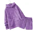 Set lounge in pile corallo viola premium con felpa con cappuccio e pantaloncini morbidi - Taglia S / Top E Pantaloni / Viola