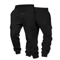 Vistas frontal y trasera de pantalones cargo negros gruesos con textura de gofre - S / Negro