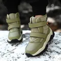 Durable boys' high-top olive green snow boots with warm fleece lining and dual velcro straps - 28 / Olive Green