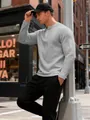 Men's waffle knit Henley shirt with long sleeves and slim fit textured jacquard grid - S / Tops / Light Gray