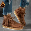 Stijlvolle bruine suède franjelaarzen voor dames met western-cowboystijl en pluchen voering. - 36 / Western Cowboy Stijl / Tan