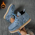 Western enkellaarsjes van blauwe denim met franjes, gouden studs en dikke zolen - 36 / Blauw