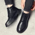 Bottes Martin en cuir noir pour hommes, chaussures de travail décontractées montantes - 37 / Doublure Peluche (9911) / Noir