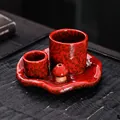 Handcrafted red ceramic candle holder with mushroom detail for incense or palo santo - Red and Black Spotted