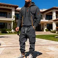 Schwerer Fleece-Trainingsanzug für Herren in Dunkelgrau mit orangefarbenen Akzenten für Winter - S / Oberteil und Hose / Dunkelgrau