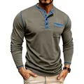 Heren Henley shirt met lange mouwen in olijfgroen met blauwe contrasten en borstzak - S / Tops / Khaki