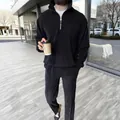 Men's minimalist black half-zip corduroy sweatshirt and pants set casual lifestyle look - S / Top And Bottom / Black