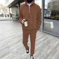 Detailed view of men's brown half-zip sweatshirt and matching trousers casual set. - Coffee