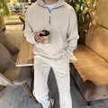 Men's minimalist half-zip sweatshirt and trousers tracksuit set in beige waffle fabric - S / Top And Bottom / Off White