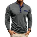 Grijs heren Henley shirt met lange mouwen, blauwe bies en borstzakje - S / Tops / donkergrijs