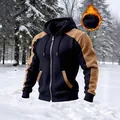 Detail of men's color-blocked hooded jacket with fleece lining for winter warmth. - S / Tops / Navy Blue