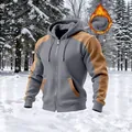 Men's thermal fleece hooded jacket in grey and tan color-block design for winter. - S / Tops / Light Gray