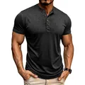 Primo piano della camicia Henley da uomo grigio antracite a maniche corte con bottoni - Taglia S / Top / Nero