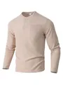 Detail showing the waffle knit texture and buttoned neckline of the Henley shirt. - S / Tops / Khaki