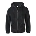 Detailed front view of a black solid color zip-up fuzzy fleece hooded sweatshirt - S / Tops / Black
