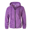 Frontal view of a soft purple plush fleece hooded sweatshirt with full-length zipper closure - S / Tops / Purple