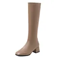 Elegant light brown knee-high knight boots with square toe and chunky mid heel - 35 / Khaki