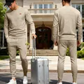 Premium men's beige jacquard knitted two-piece sports set featuring a crew neck design - Khaki