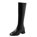 Elegant black knee-high boots featuring a square toe and comfortable chunky mid-heel - 35 / Black