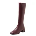 Elegant burgundy square toe knee-high boots with comfortable chunky mid-heel - 35 / Burgundy