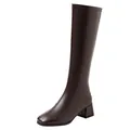 Elegant brown knee-high knight boots with a square toe and comfortable block heel. - Coffee