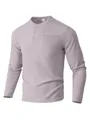Close-up detail of a men's lavender waffle-knit long-sleeve Henley shirt with buttons - S / Tops / Light Gray