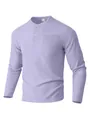 Close-up detail of men's lavender waffle knit Henley shirt with buttons and pocket - S / Tops / Light Purple