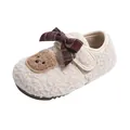 Warme beige Fleece-Winterschuhe für Babys mit karierter Schleife und Bären-Aufnäher - Größe 21 Innenlänge 13.5CM / Beige